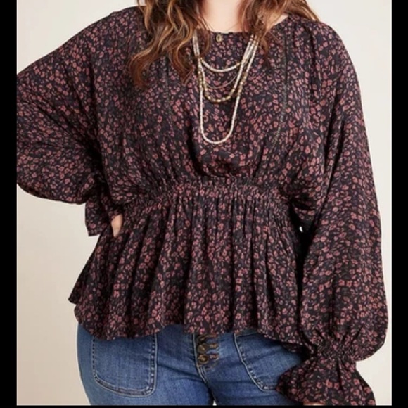 Anthropologie Nichola Peplum Blouse Medium Peasant Black Brown Floral - Picture 1 of 12